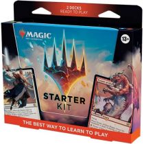 Colorful box featuring "Magic: the Gathering" branding, with two decks visible on the sides, showcasing vibrant artwork and the text "Starter Kit" prominently displayed.