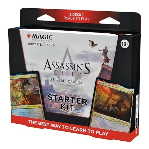 Black and red box featuring "Assassin's Creed" and "Magic: the Gathering" logos, showcasing two decks and colorful cards with fantasy artwork, labeled "Starter Kit."