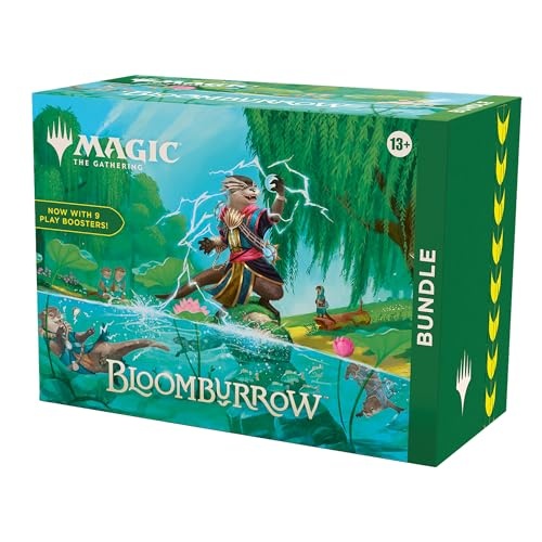 Green box featuring vibrant artwork of a fantasy scene with a humanoid creature, trees, and water, labeled "Bloomburrow Bundle" with "Magic: The Gathering" logo.