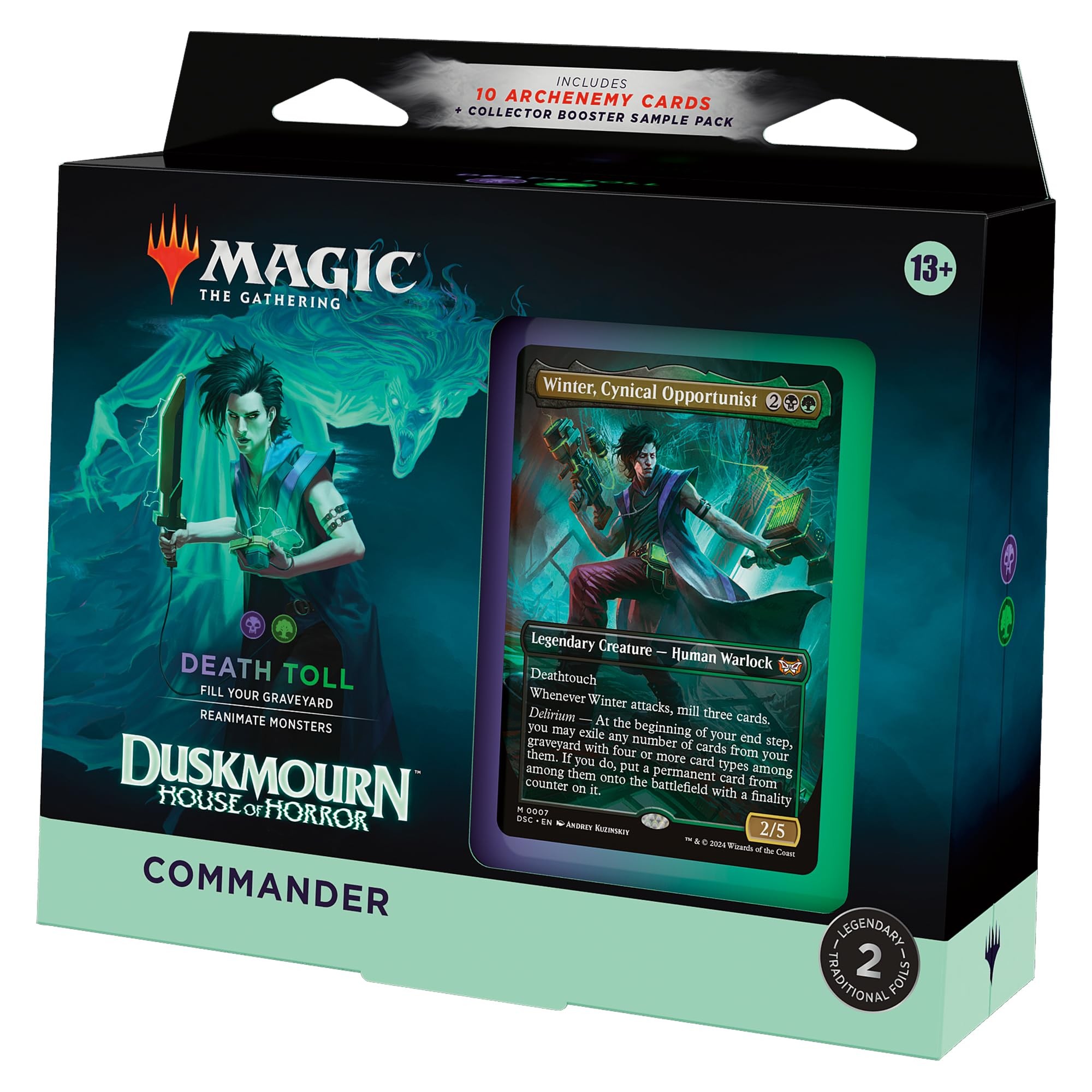 Black and green box featuring the "Duskmourn Death Toll Commander Deck" with a prominent illustration of a male character and a visible card labeled "Winter, Cynical Opportunist."