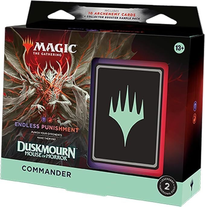 Magic: The Gathering Duskmourn Endless Punishment Commander Deck features a vibrant red and black box with a prominent green logo, showcasing the game's fantasy theme and includes a booster pack.