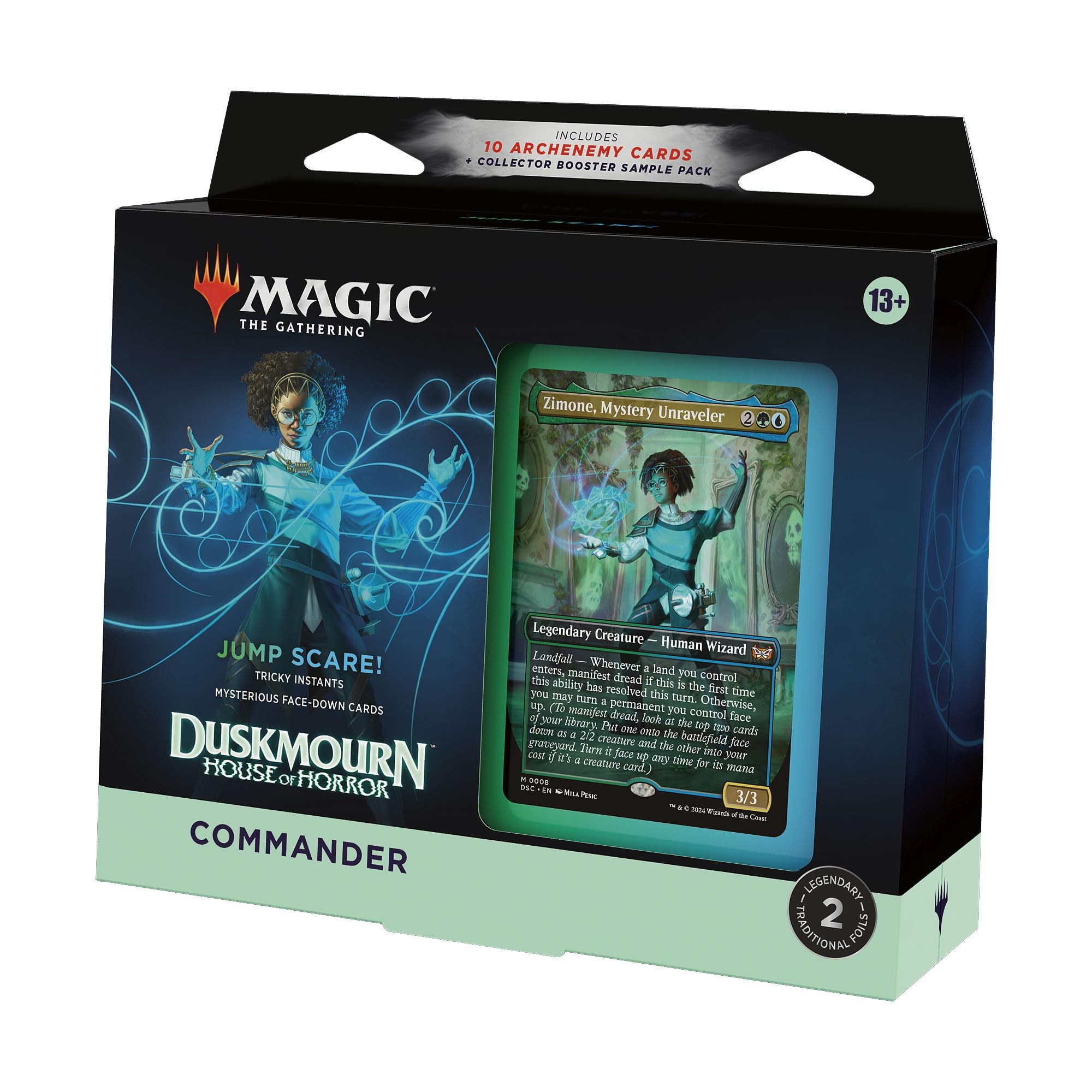 Black and green box featuring "Magic: the Gathering" branding, showcasing the "Duskmourn Jump Scare Commander Deck" with a prominent card of Zimone, Mystery Unraveler.