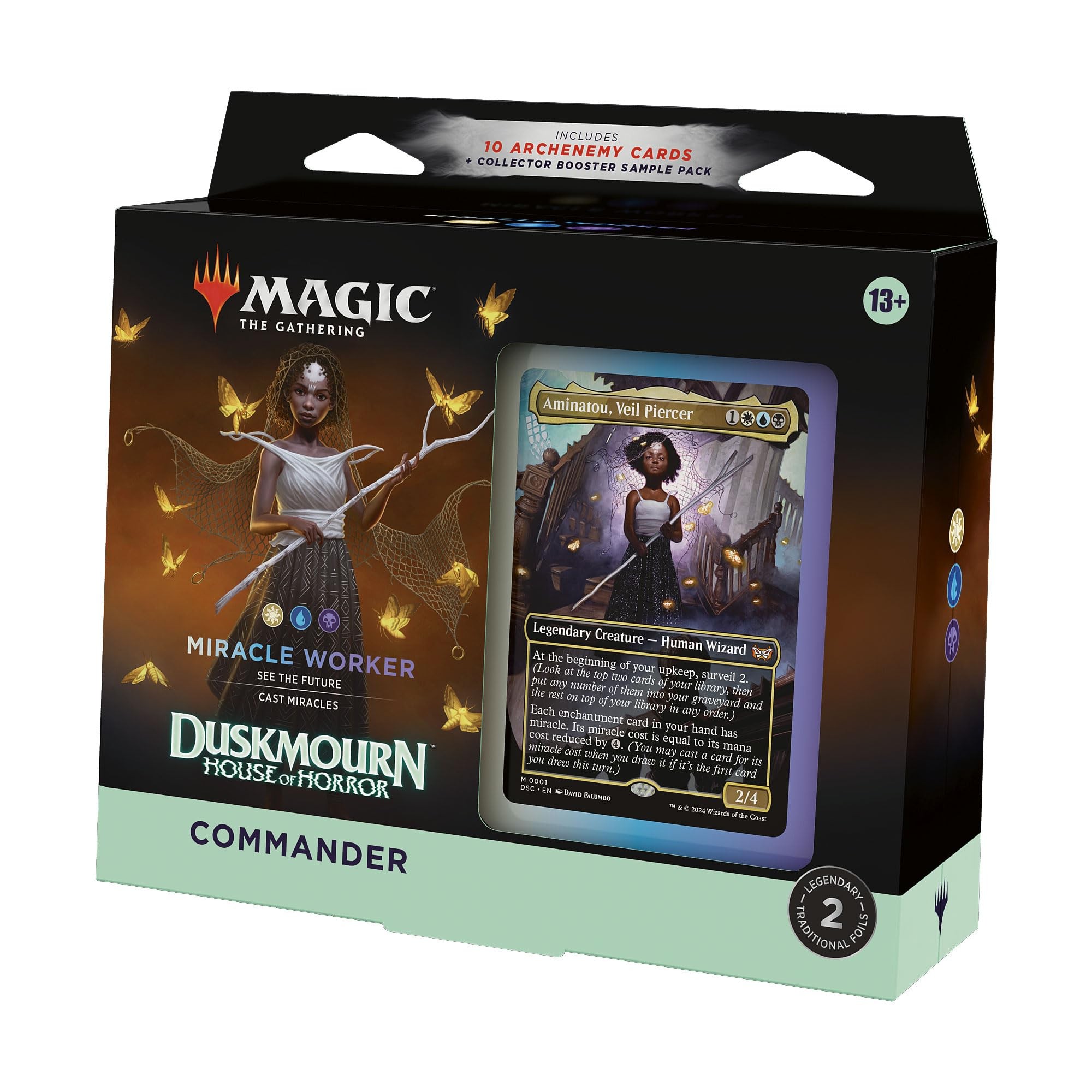 Black and teal packaging featuring a woman with long hair and a white dress, showcasing the "Duskmourn Miracle Worker Commander Deck" with a visible card and text details.