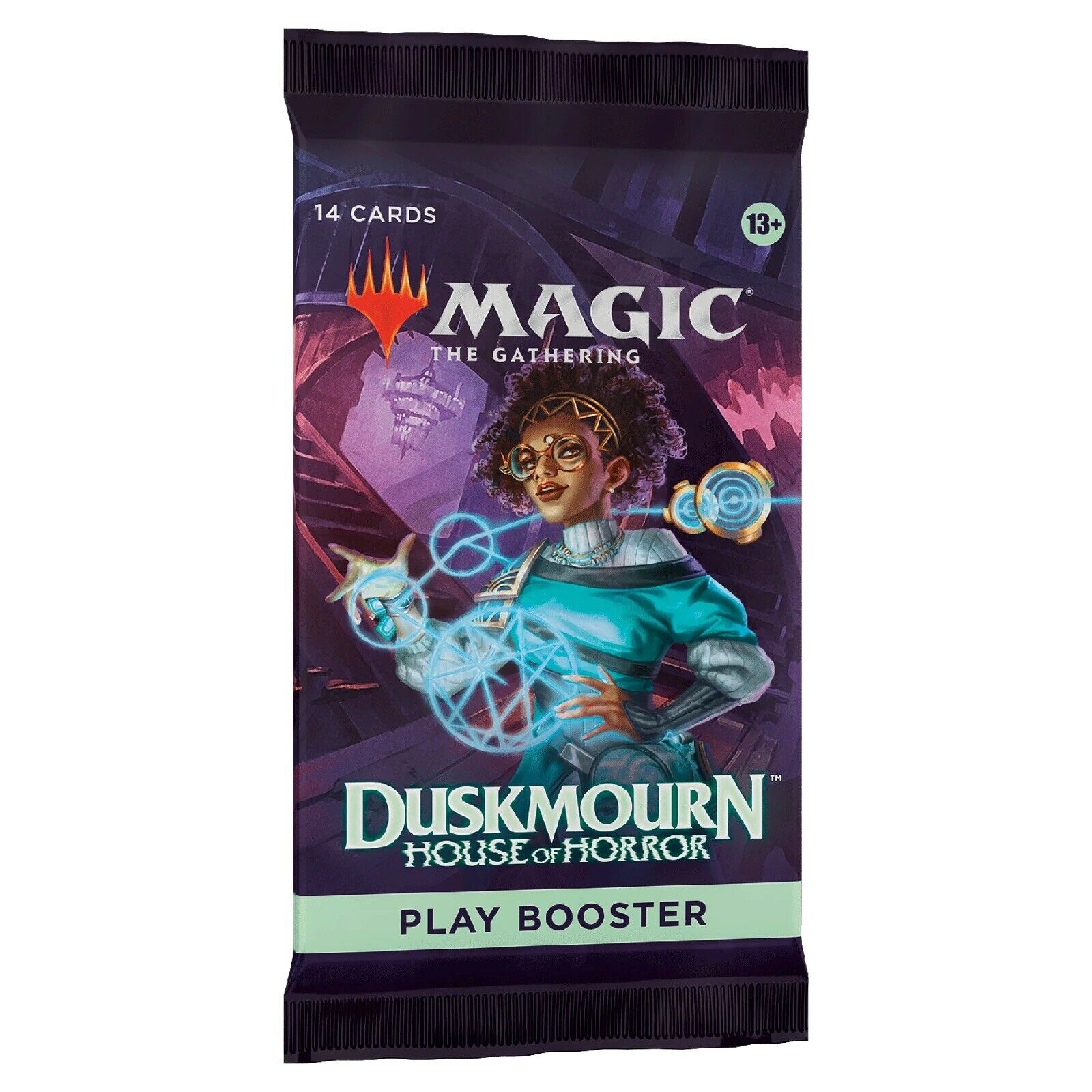 Duskmourn House of Horror Play Booster pack featuring a character with glasses and a mystical design, predominantly in purple and teal, labeled for ages 13 and up.
