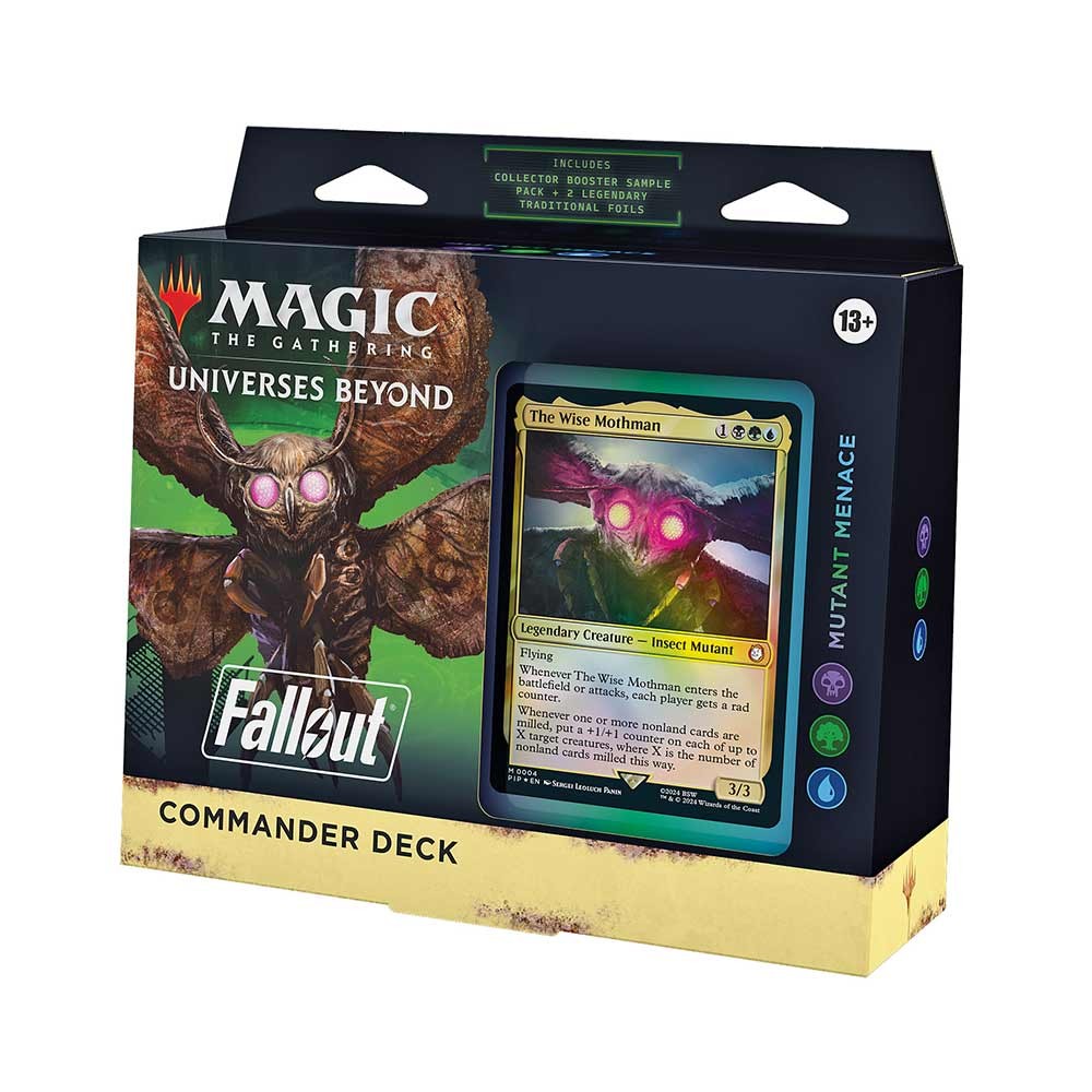 Magic: the Gathering Fallout Mutant Menace Commander Deck box featuring vibrant artwork, a colorful card of The Wise Mothman, and a sleek, sturdy design with a transparent window.