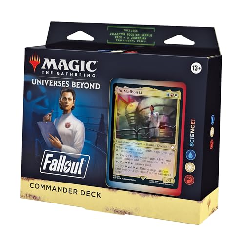 Black and yellow box featuring "Magic: the Gathering" and "Fallout" logos, with a prominent card window displaying "Dr. Madison Li" and a scientist holding a clipboard.