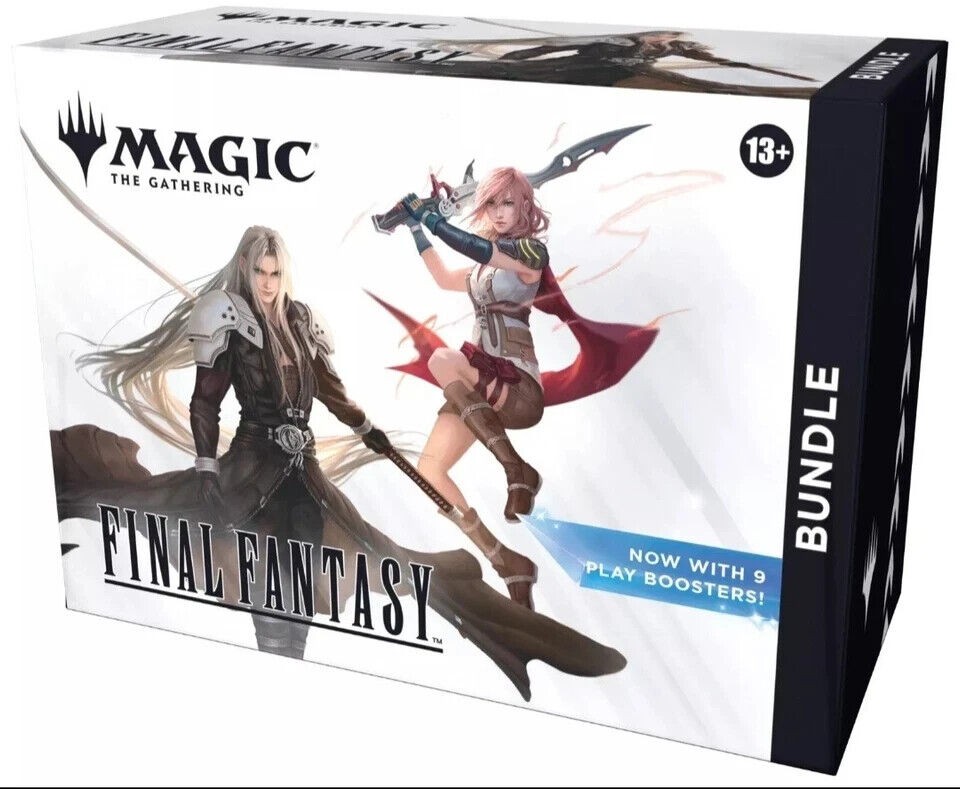 A sleek black box featuring artwork of two characters, one with silver hair and a sword, and another with pink hair wielding a weapon, labeled "Magic: The Gathering Final Fantasy Bundle."