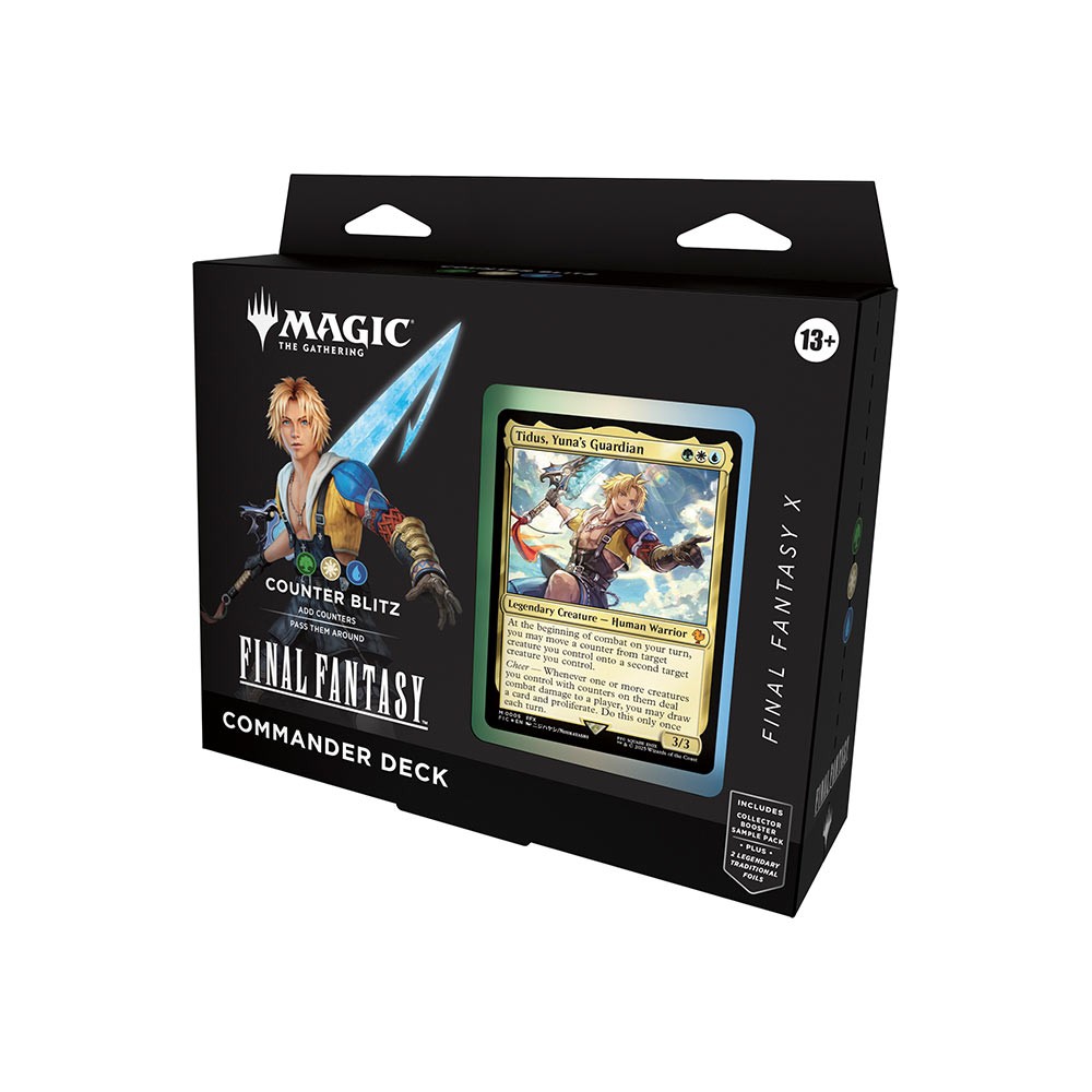 Black and blue packaging featuring a character from Final Fantasy X, with a prominent card labeled "Tidus, Yuna's Guardian" and the title "Counter Blitz" displayed.