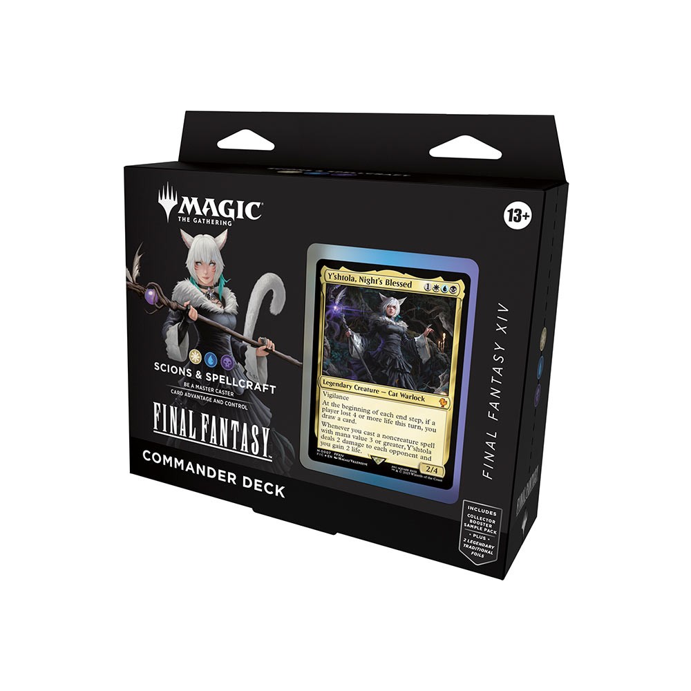 Black and gold box featuring "Magic: the Gathering FINAL FANTASY XIV Commander Deck - Scions & Spellcraft," showcasing a character illustration and a card with vibrant colors.