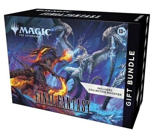 Black gift box featuring vibrant artwork of dragons and fantasy elements, labeled "Magic: the Gathering - FINAL FANTASY," includes a collector booster.