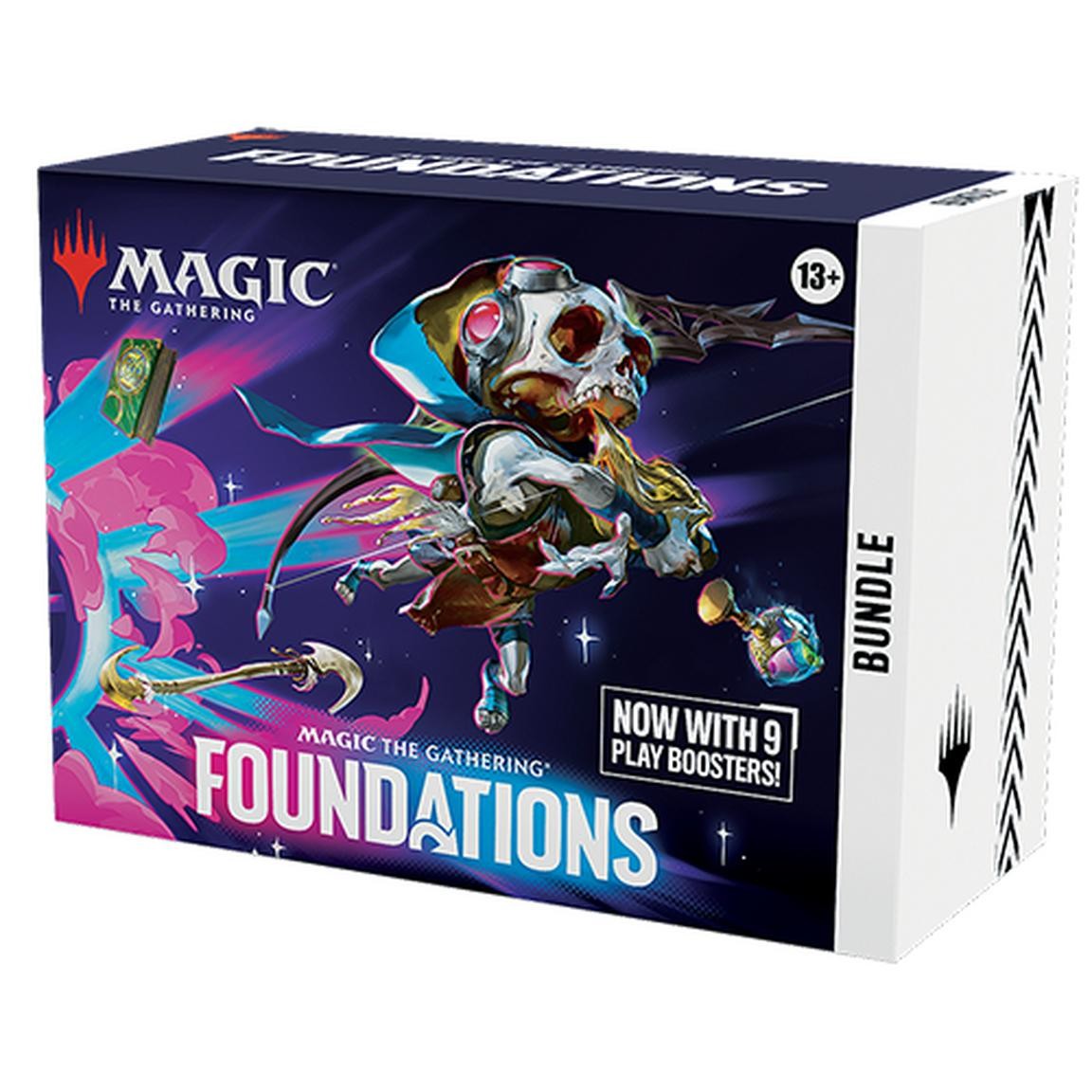 Colorful box featuring vibrant artwork of a character with a skull head, labeled "Magic: The Gathering Foundations Bundle," includes "Now with 9 Play Boosters."