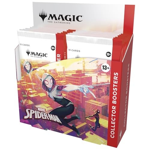 Collector booster box for "Magic: the Gathering - Spiderman," featuring vibrant artwork of Spider-Gwen, with red and white packaging highlighting the Marvel collaboration.