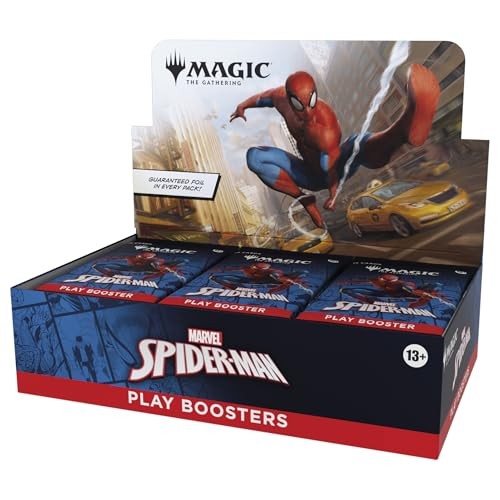 A display box featuring Marvel's Spider-Man theme, containing 30 packs of Magic: the Gathering Play Boosters, with vibrant artwork of Spider-Man and a red and blue color scheme.