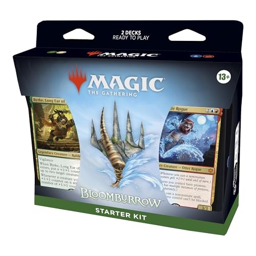 Magic: The Gathering Bloomburrow Starter Kit by Hasbro features a colorful box with two decks, showcasing vibrant artwork and a prominent logo, designed for ages 13 and up.