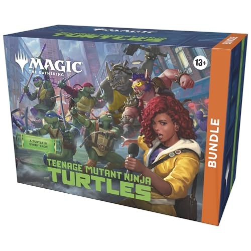 Colorful box featuring "Magic: the Gathering" and "Teenage Mutant Ninja Turtles" branding, with artwork of the turtles and a female character, designed for ages 13 and up.