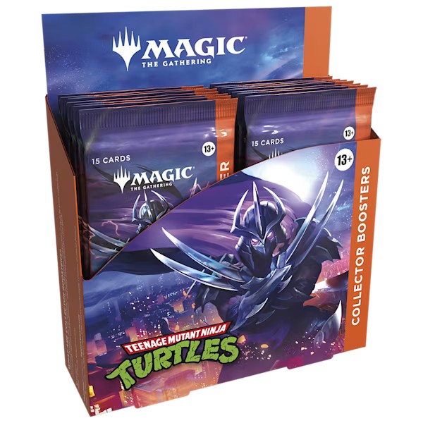 Collector booster box featuring "Magic: the Gathering - Teenage Mutant Ninja Turtles," with purple and orange packaging, displaying a ninja turtle character and the text "15 cards."