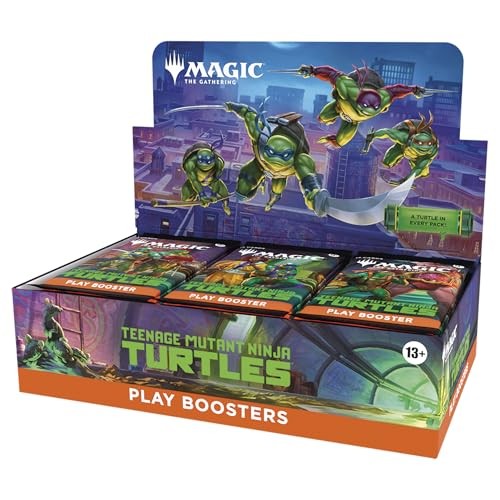 Colorful display box featuring "Magic: the Gathering - Teenage Mutant Ninja Turtles Play Boosters," showcasing vibrant artwork of the turtles and multiple booster packs.