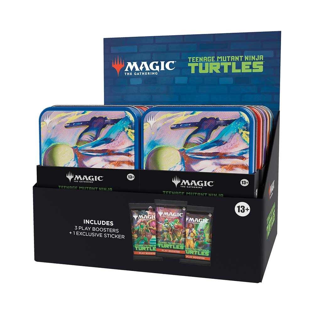Colorful tin featuring Teenage Mutant Ninja Turtles artwork, with a blue and green background, showcasing multiple tins stacked with play boosters and an exclusive sticker included.