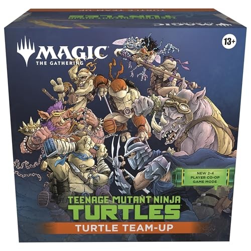 Colorful game box featuring Teenage Mutant Ninja Turtles characters in action poses, with a vibrant illustration and the "Magic: The Gathering" logo prominently displayed.