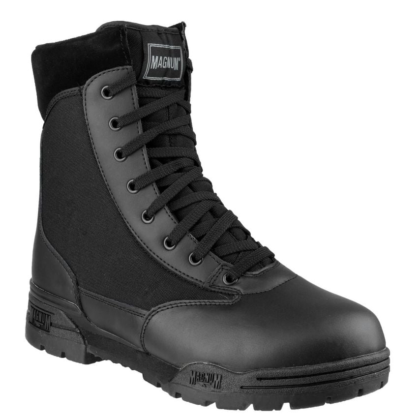Black unisex classic uniform boot featuring a sturdy design, lace-up front, padded collar, and a durable rubber sole, made from a combination of leather and synthetic materials.