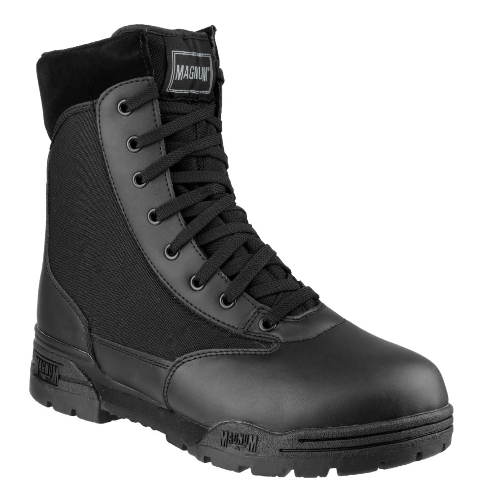 Black Magnum Classic Uniform Boots for men, featuring a combination of leather and fabric, high ankle design, and sturdy rubber sole, available in UK size 4.