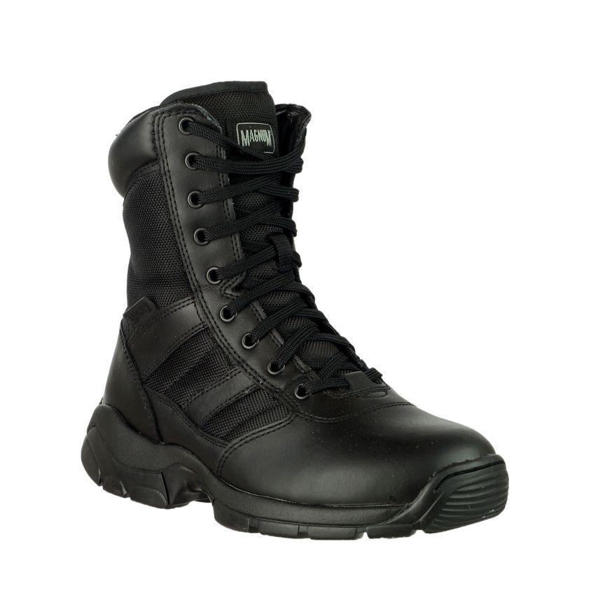 Black Magnum Men's Panther 8.0 side-zip uniform boot featuring a durable leather and mesh upper, lace-up front, padded collar, and a rugged sole for enhanced grip.
