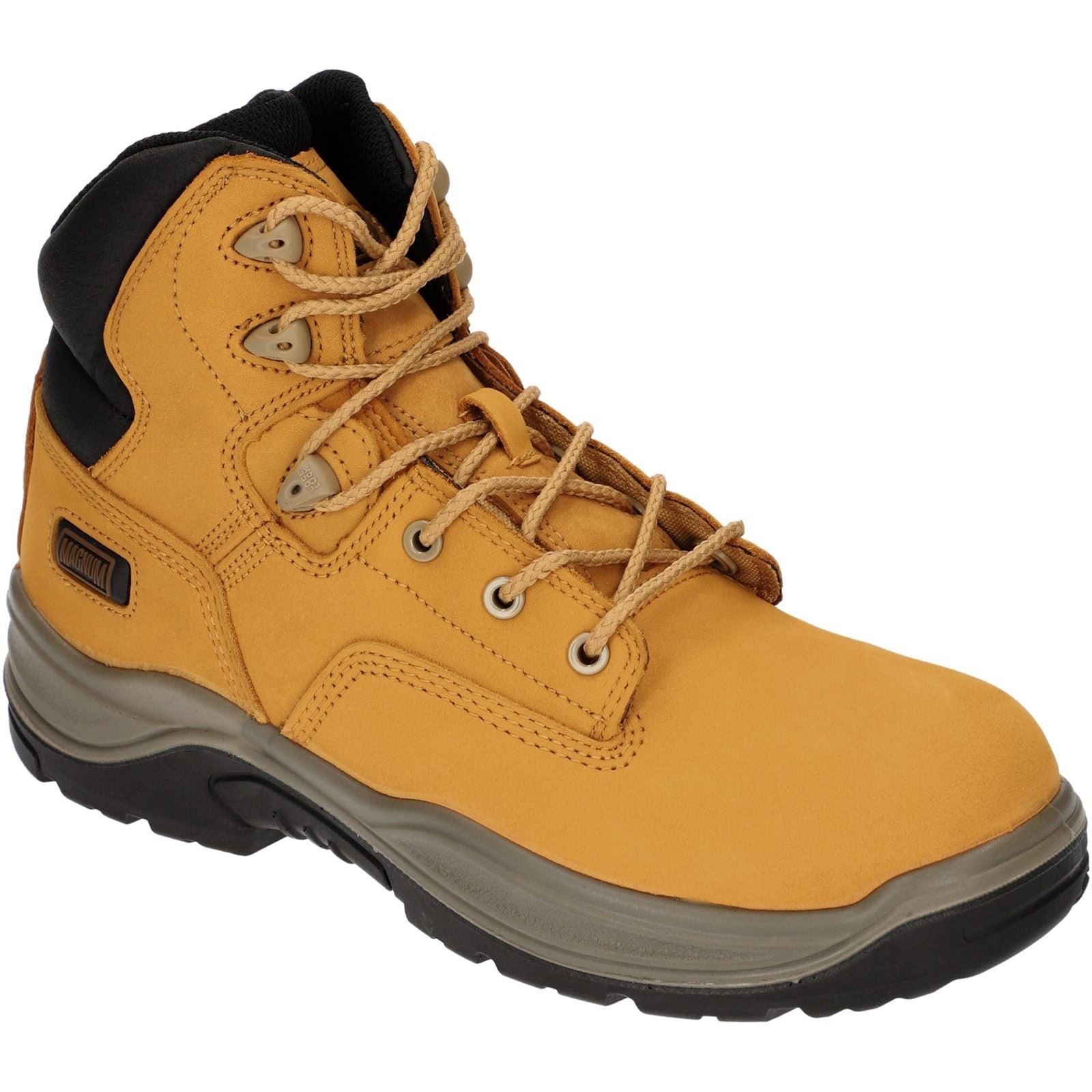 Honey-colored leather safety boot with black accents, featuring metal eyelets, beige laces, and a cushioned sole for comfort and support.