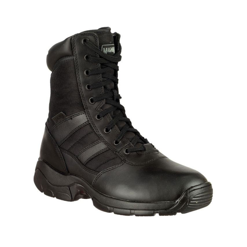 Black Magnum Men's Panther 8.0 Uniform Boot featuring a durable leather and mesh upper, lace-up front, padded collar, and a rugged sole for enhanced traction and support.