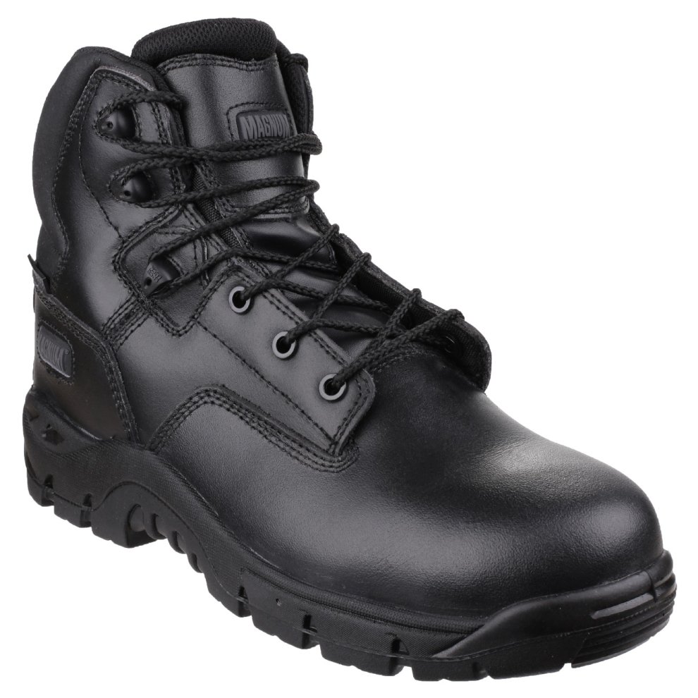 Black leather unisex safety boot featuring a padded collar, lace-up design, reinforced toe, and rugged sole for enhanced grip and durability.