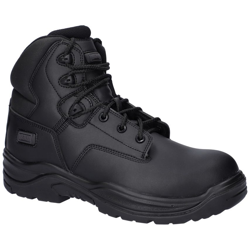 Black vegan safety boot featuring a sturdy design, lace-up front, padded collar, and durable rubber sole, ideal for uniform use in various work environments.