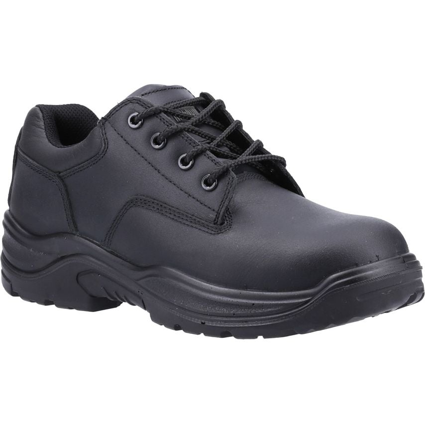 Black unisex safety shoe featuring a smooth leather upper, lace-up design, padded collar, and a durable rubber sole, designed for comfort and protection in uniform settings.