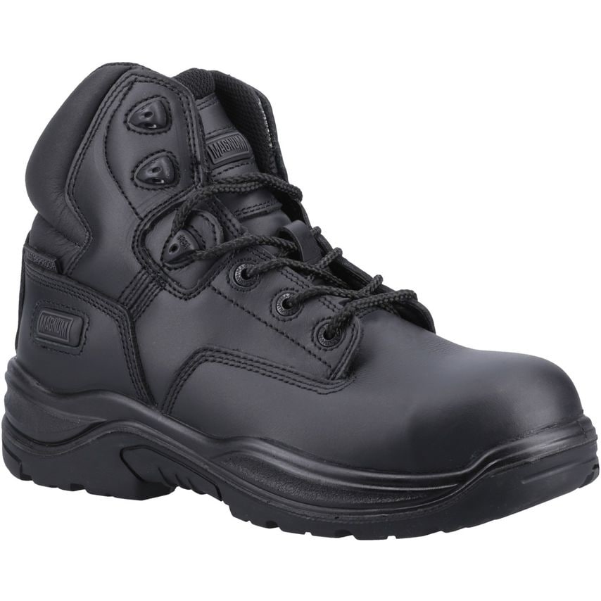 Black MAGNUM safety boots featuring a sturdy leather upper, reinforced toe cap, and lace-up design for secure fit, ideal for work environments.