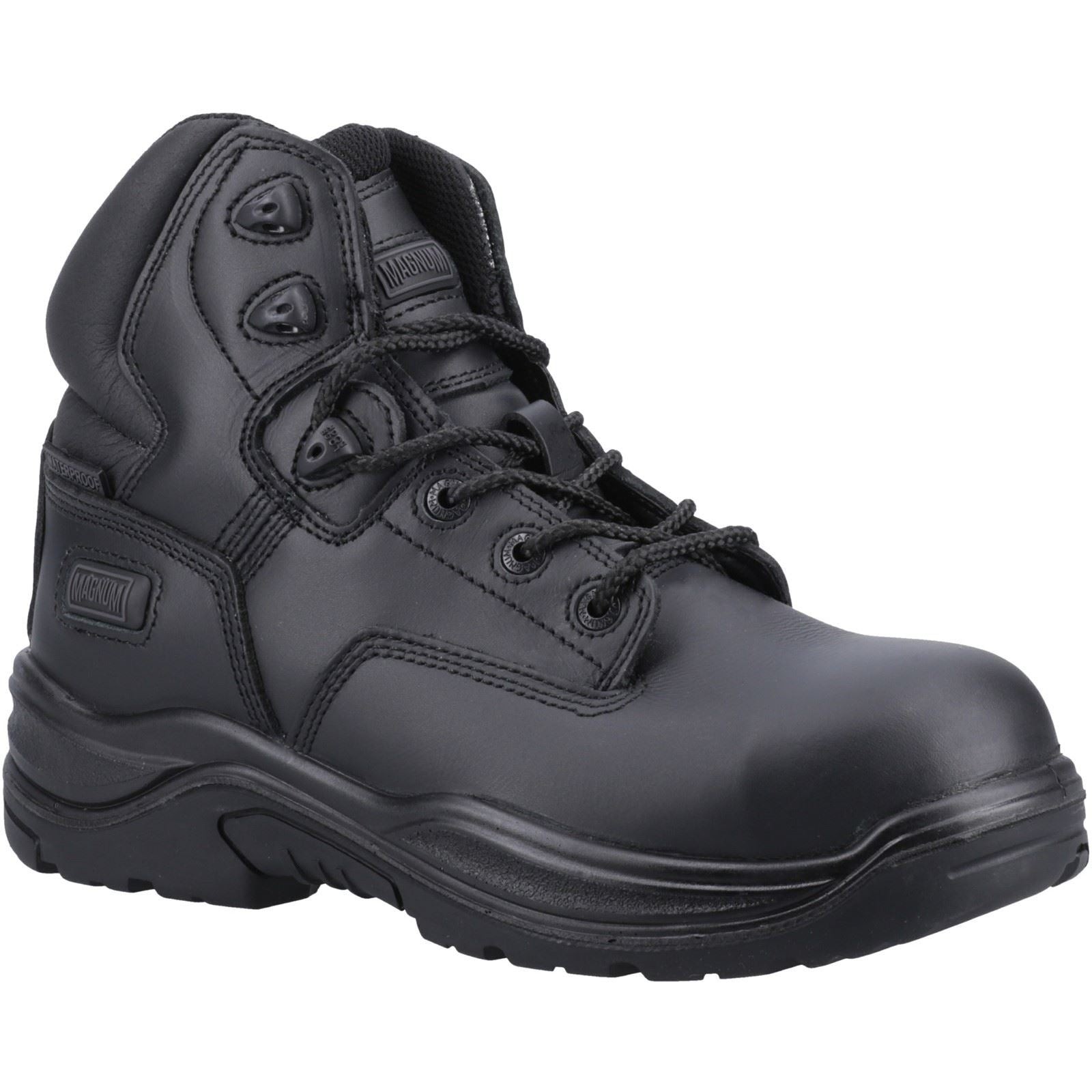 Black leather safety boot featuring a side zip, lace-up front, reinforced toe, and cushioned sole, designed for unisex use and uniform compliance.