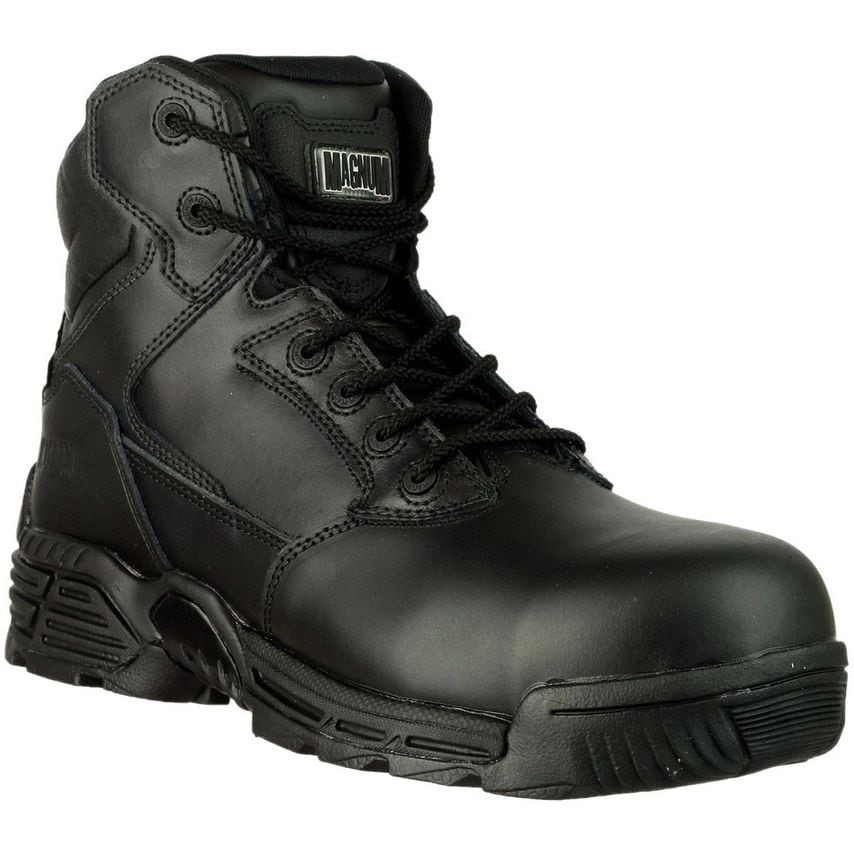Black Magnum Unisex Stealth Force 6.0 CT CP Uniform Safety Boot featuring a durable leather upper, lace-up design, padded collar, and reinforced toe for added protection.