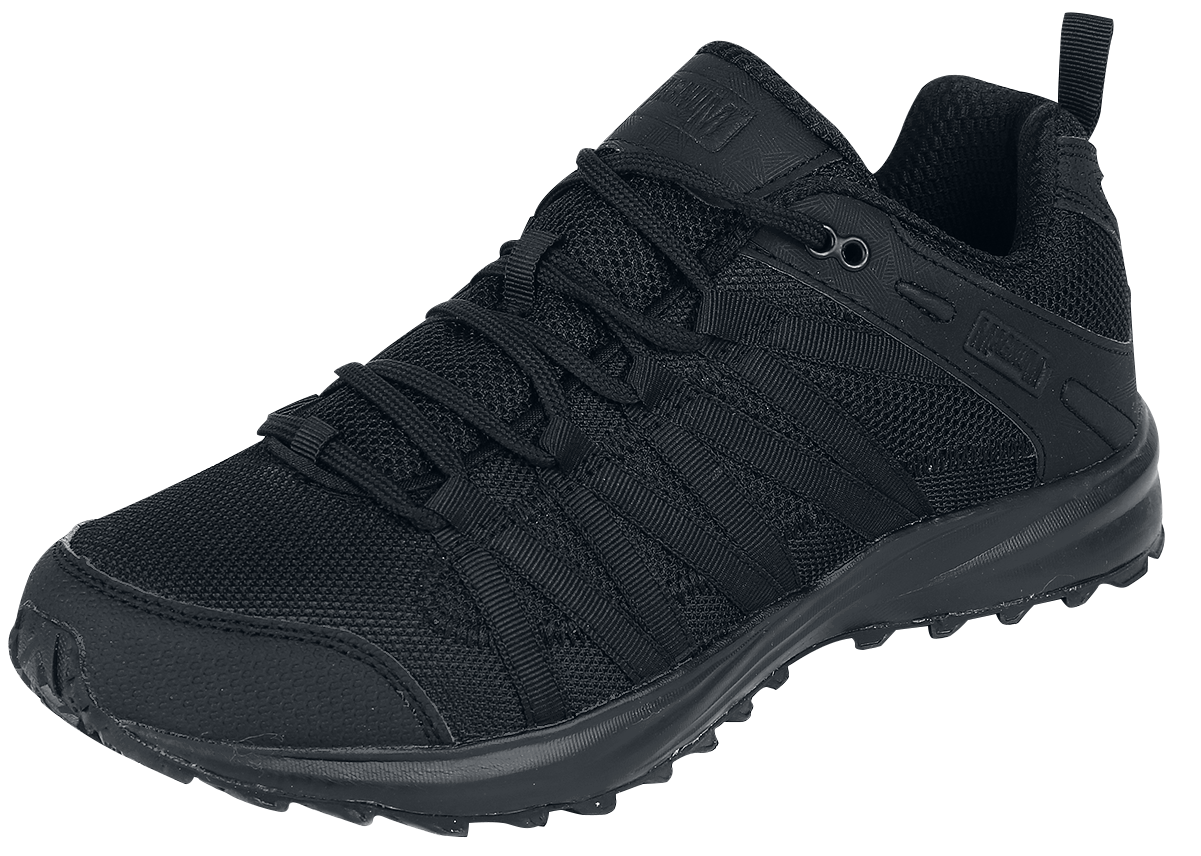 Black unisex trainers featuring a breathable mesh upper, reinforced toe cap, and durable rubber sole, designed for comfort and performance on trails.