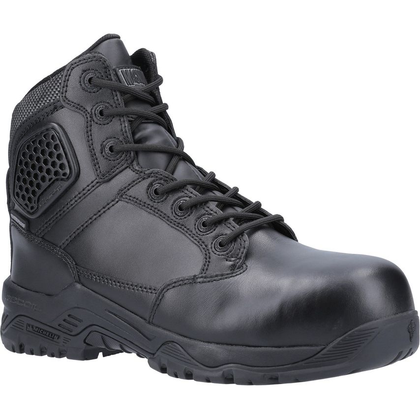 Black unisex safety boot with a sturdy leather upper, reinforced toe cap, mesh panels for breathability, and a rugged sole, designed for durability and comfort in various work environments.