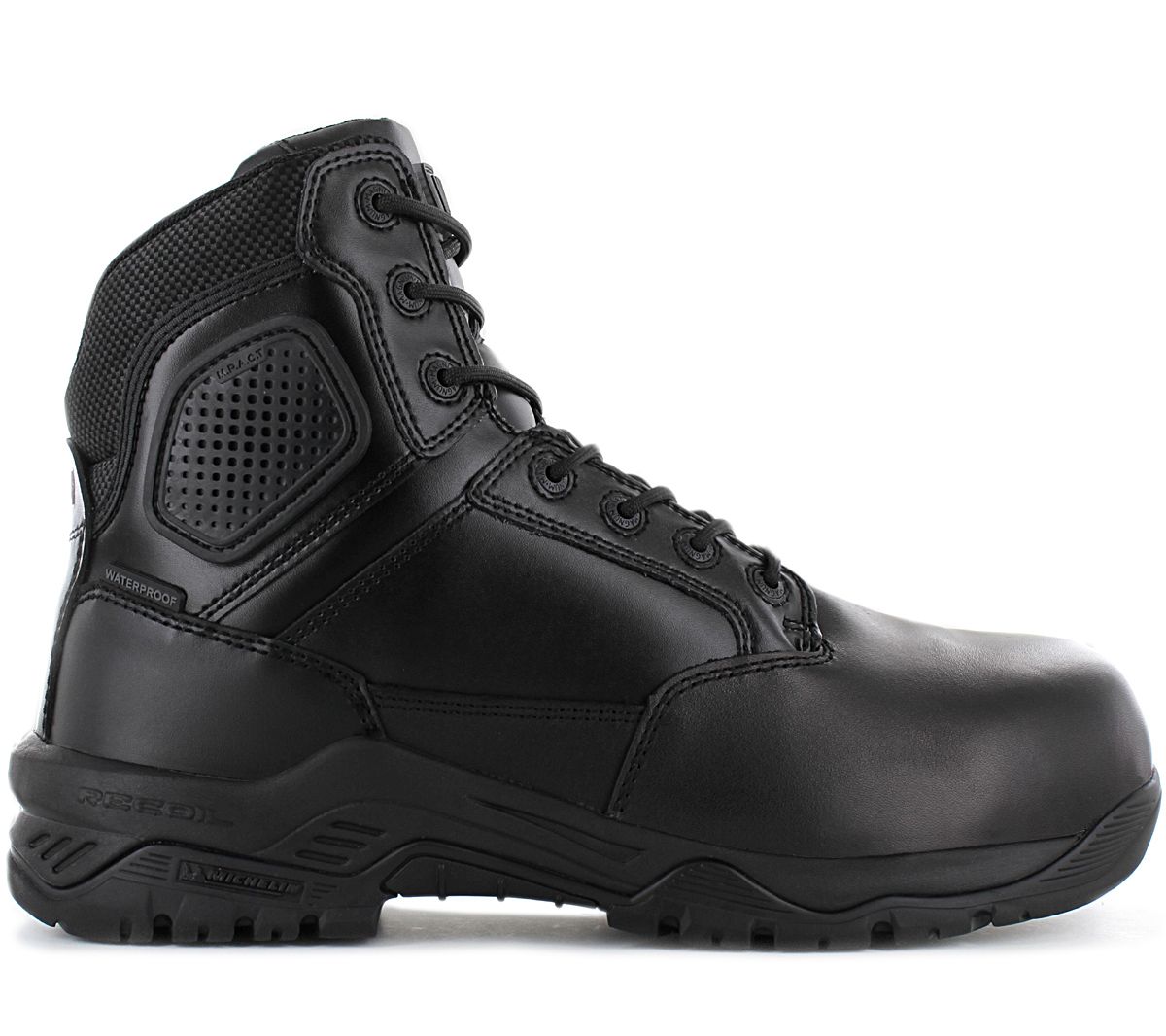 Black unisex safety boots with a waterproof leather upper, reinforced toe, lace-up design, and textured mesh panels for breathability, EU size 40, compliant with EN ISO 20347:2012.