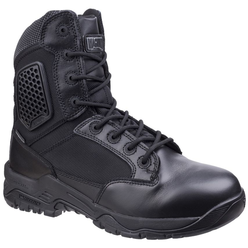 Black Magnum Men's Strike Force 8.0 Side-Zip WP Uniform Boot featuring a combination of leather and mesh materials, with a side zipper and rugged sole for enhanced durability.