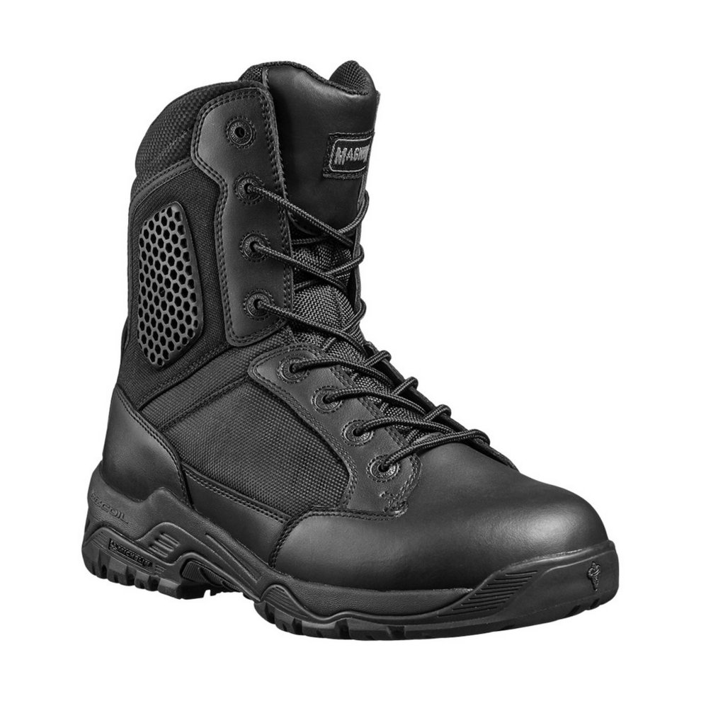 Black Magnum Men's Strike Force 8.0 Side-Zip WP Uniform Boot featuring a sturdy design, mesh panels for breathability, and a side zipper for easy wear.