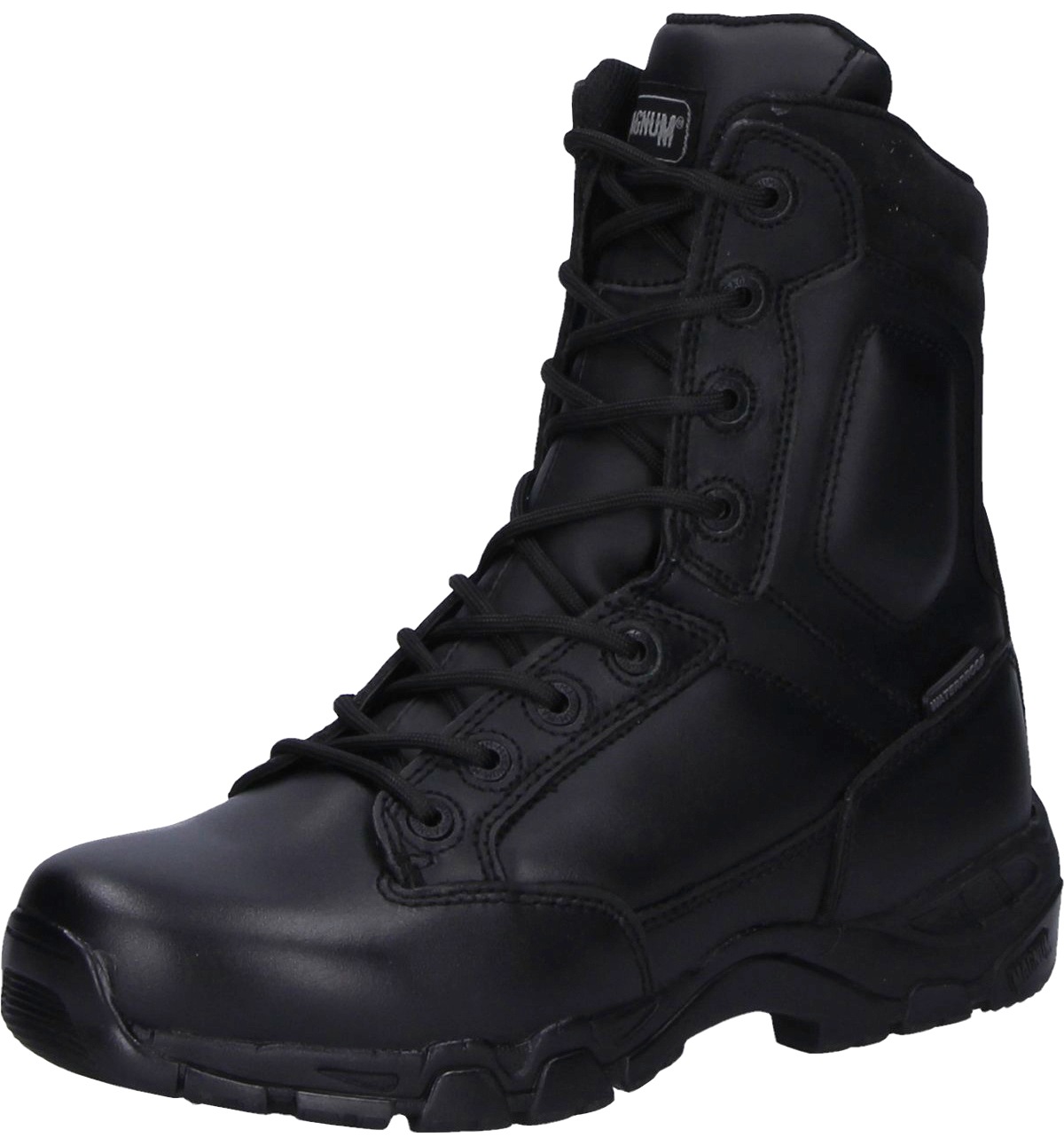 Black leather uniform boot featuring a high-top design, lace-up front, padded collar, and rugged sole for enhanced grip and durability.