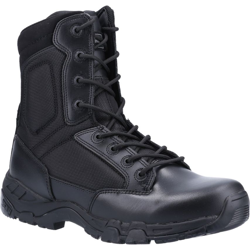 Black Magnum Men's Viper Pro 8.0 uniform boot features a combination of leather and breathable mesh, with a side zip for easy access and durable rubber sole for traction.