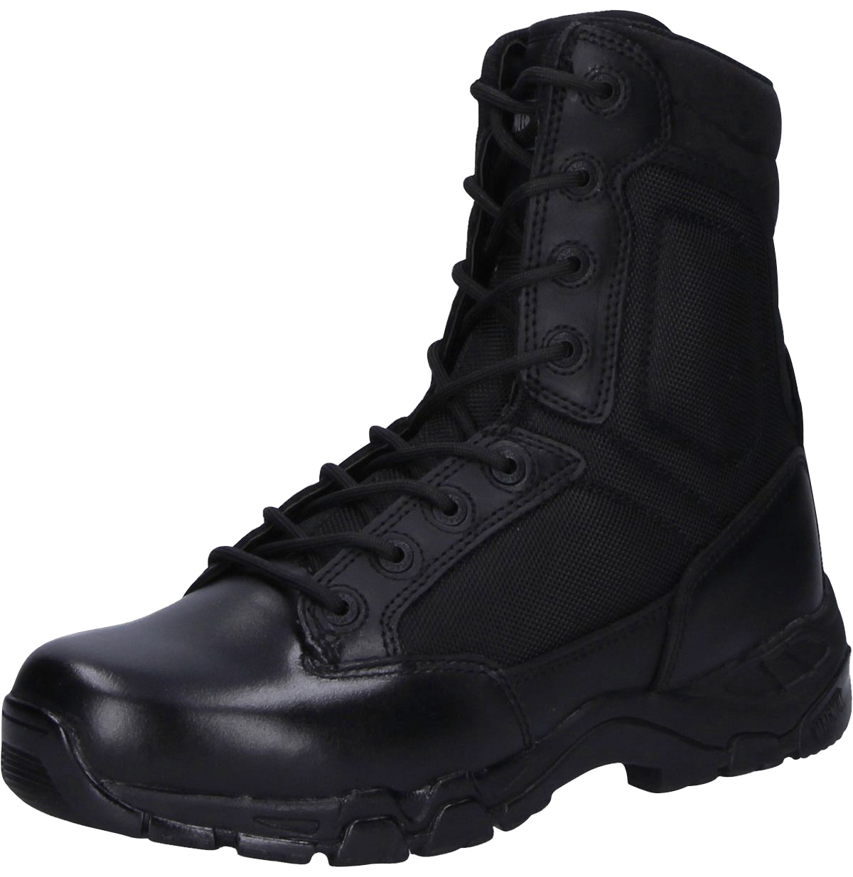 Black Magnum Men's Viper Pro 8.0 uniform boot features a combination of leather and mesh materials, a side zip for easy wear, and a rugged sole for enhanced traction.