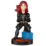 Black Widow figurine in a black tactical suit with red hair, kneeling on a brown base, holding a blue gaming controller, detailed facial features and vibrant colors.