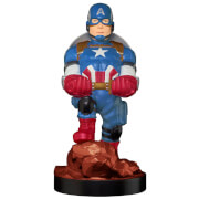 Captain America figurine in blue and red costume with a star emblem, standing on a rocky base, designed to hold gaming controllers or devices.