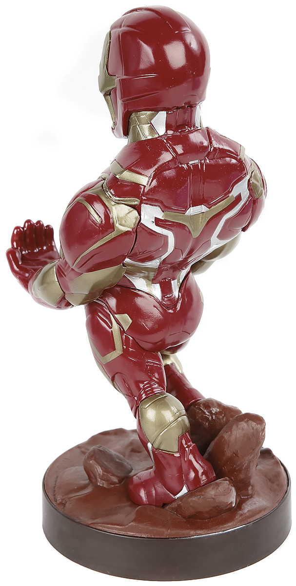 Iron Man Cable Guy figure features a glossy red and gold suit, posed with one hand raised, standing on a rocky base, made of durable plastic.