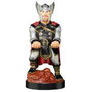 Thor figurine in silver and black armor with a red cape, holding a controller, featuring detailed facial features and a helmet with wings, standing on a rocky base.