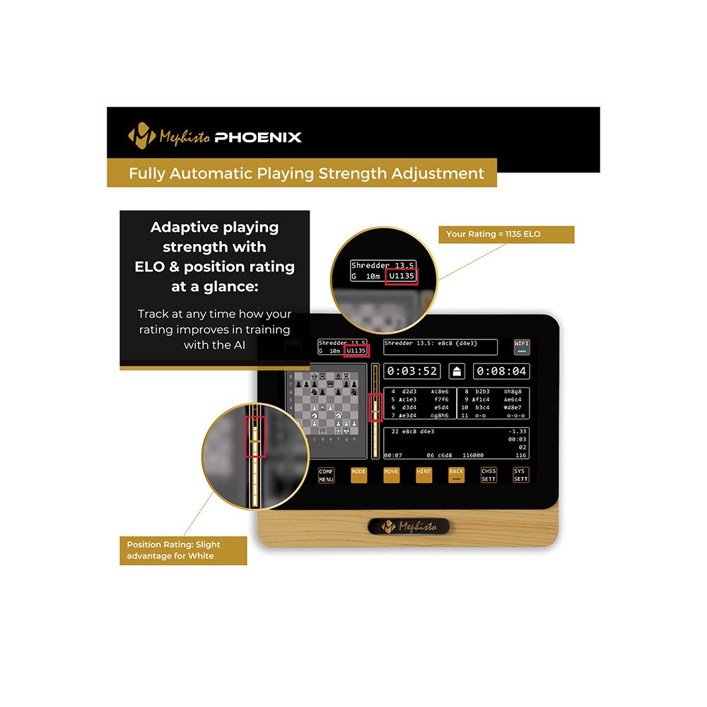 Mephisto Phoenix M chess computer features a sleek black and gold design, a 40 cm chessboard, and a digital display for adaptive playing strength and rating tracking.