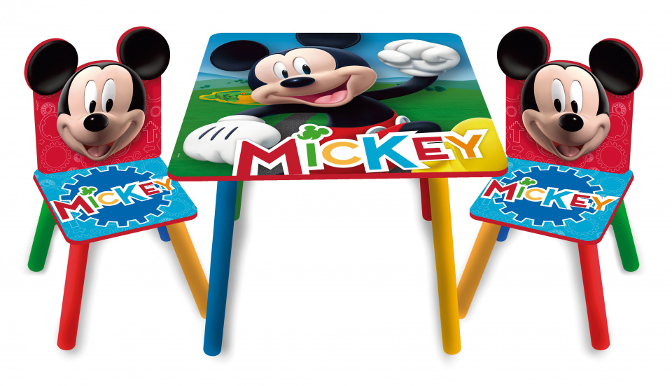 Colorful wooden children's furniture set featuring a table and two chairs, all adorned with vibrant Mickey Mouse designs in red, blue, and yellow.