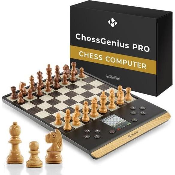 Wooden chessboard with a black and beige design, featuring intricately carved wooden pieces in light and dark tones, alongside a sleek chess computer display.