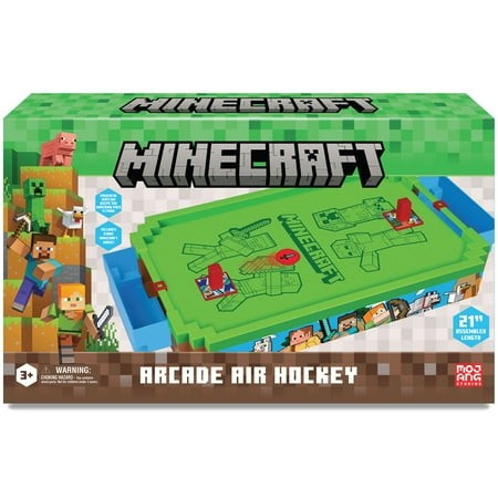 Bright green tabletop air hockey game featuring Minecraft characters, motorized elements, and iconic sounds, designed for 2 players, suitable for ages 3 and up, with collectible packaging.